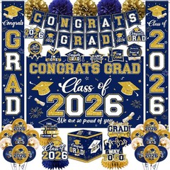 Navy Blue & Gold Graduation Decorations 2026 Set – Congrats Grad Banner, Balloon