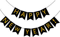 Happy New Year Banner Black Bunting with Gold Alphabet for New Year Party Suppli