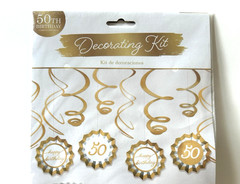 50th Birthday Party Decorating Kit Gold & White 4 Paper Fans 8 Gold Swirls 12pcs