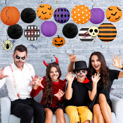 16Pcs Halloween Decorations Paper Lanterns Set | Pom Poms and Hanging Swirls for