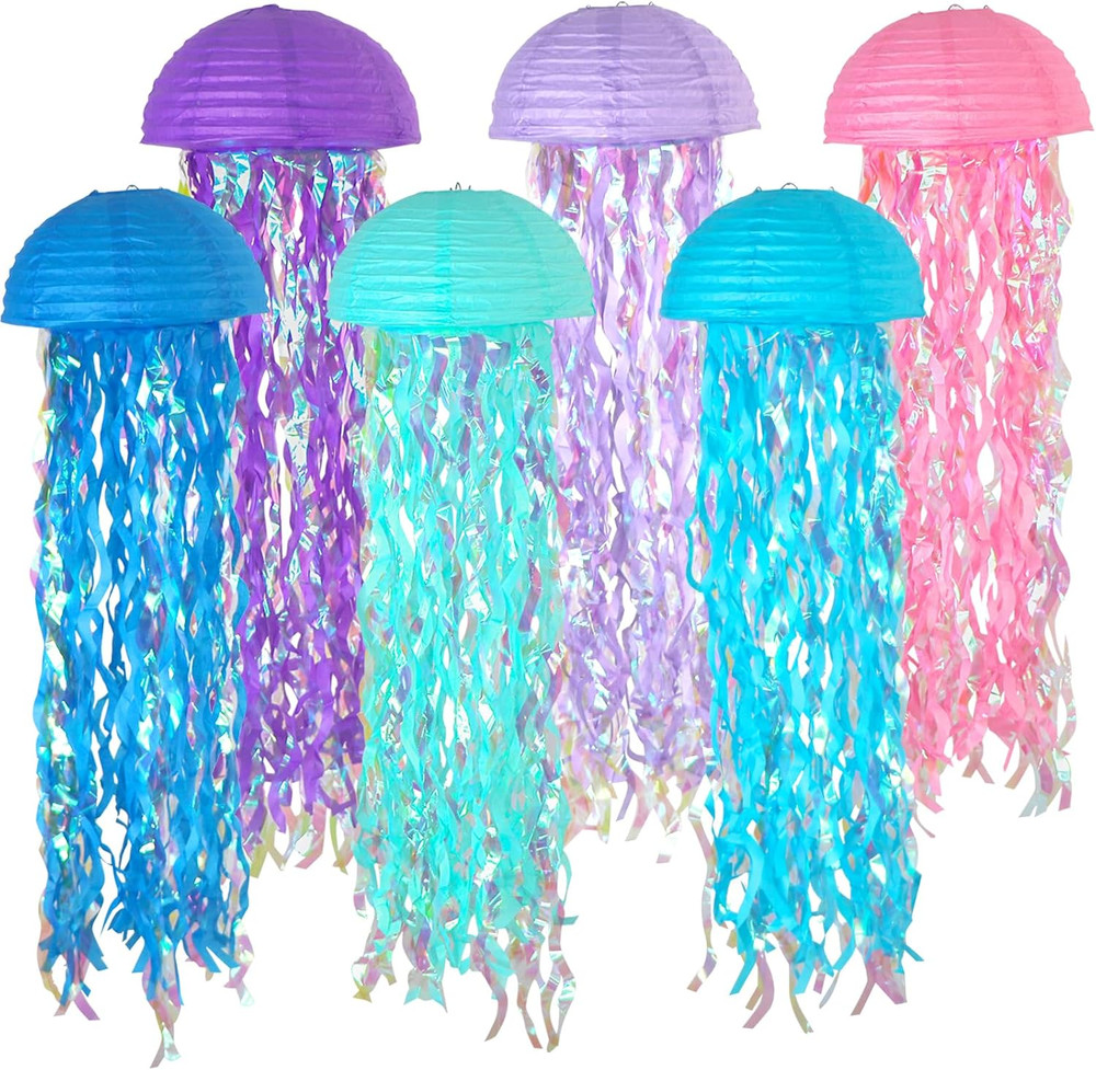 10 Inch Jellyfish Paper Lanterns 6 Pack, Hanging Decor for under the Sea Party D