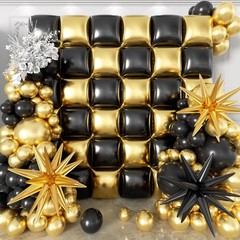 36pcs Gold and Black Square Foil Balloons Wall Backdrop with 147pcs Balloon G…