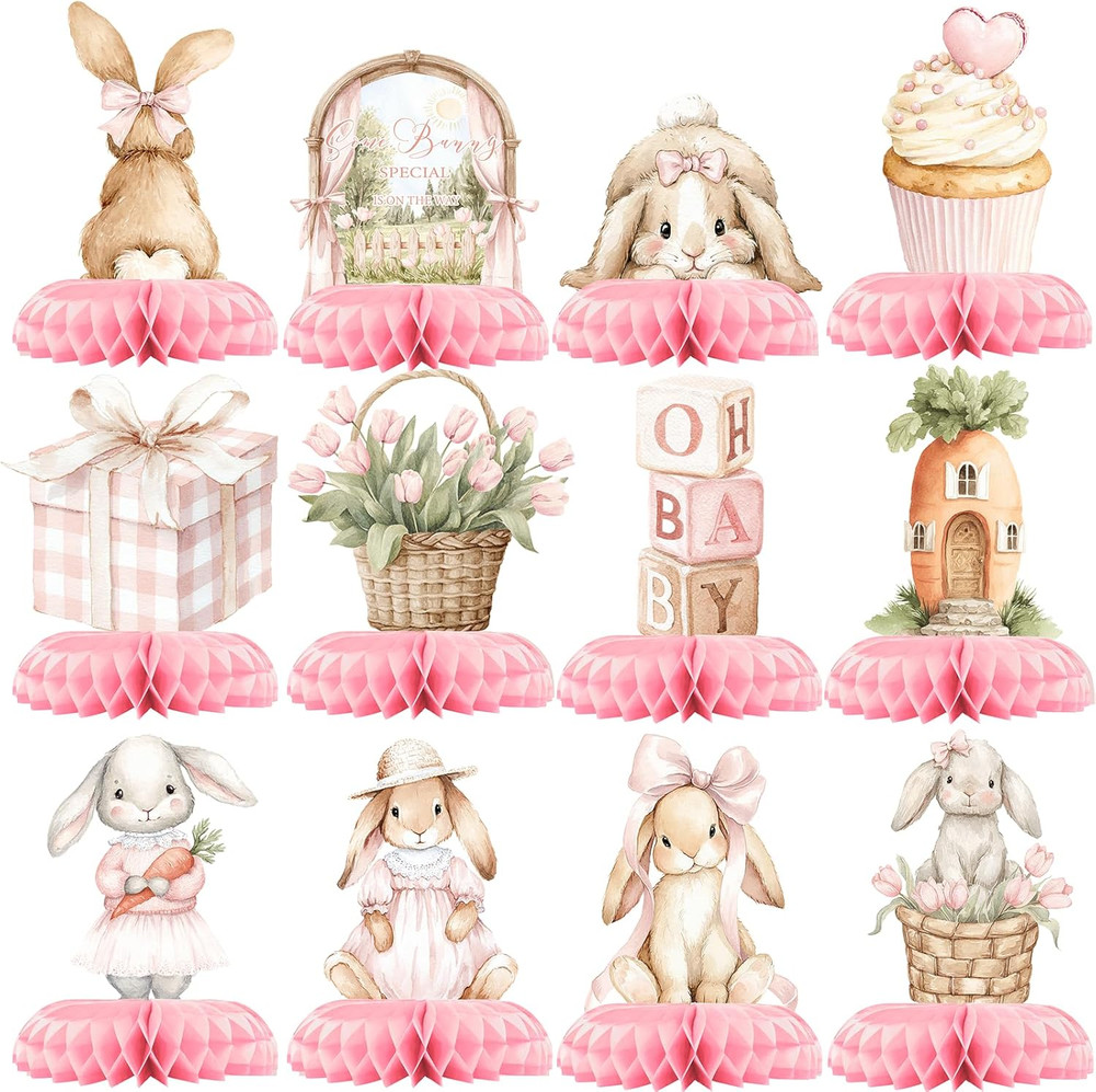 12 Pcs Pink Bunny Baby Shower Decorations for Girl – Some Bunny Is on the Way Ba
