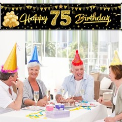 Happy 75th Birthday Banner Decorations for 73 inches by 16 inches, black gold