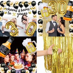 Memorable 30th Birthday Party Pack: Gold Balloons, Banner & Fringe Curtain
