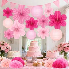 19 Pcs Pink Party Decorations, Light-Hot Pink Hanging Lanterns, Flowers Fans,…