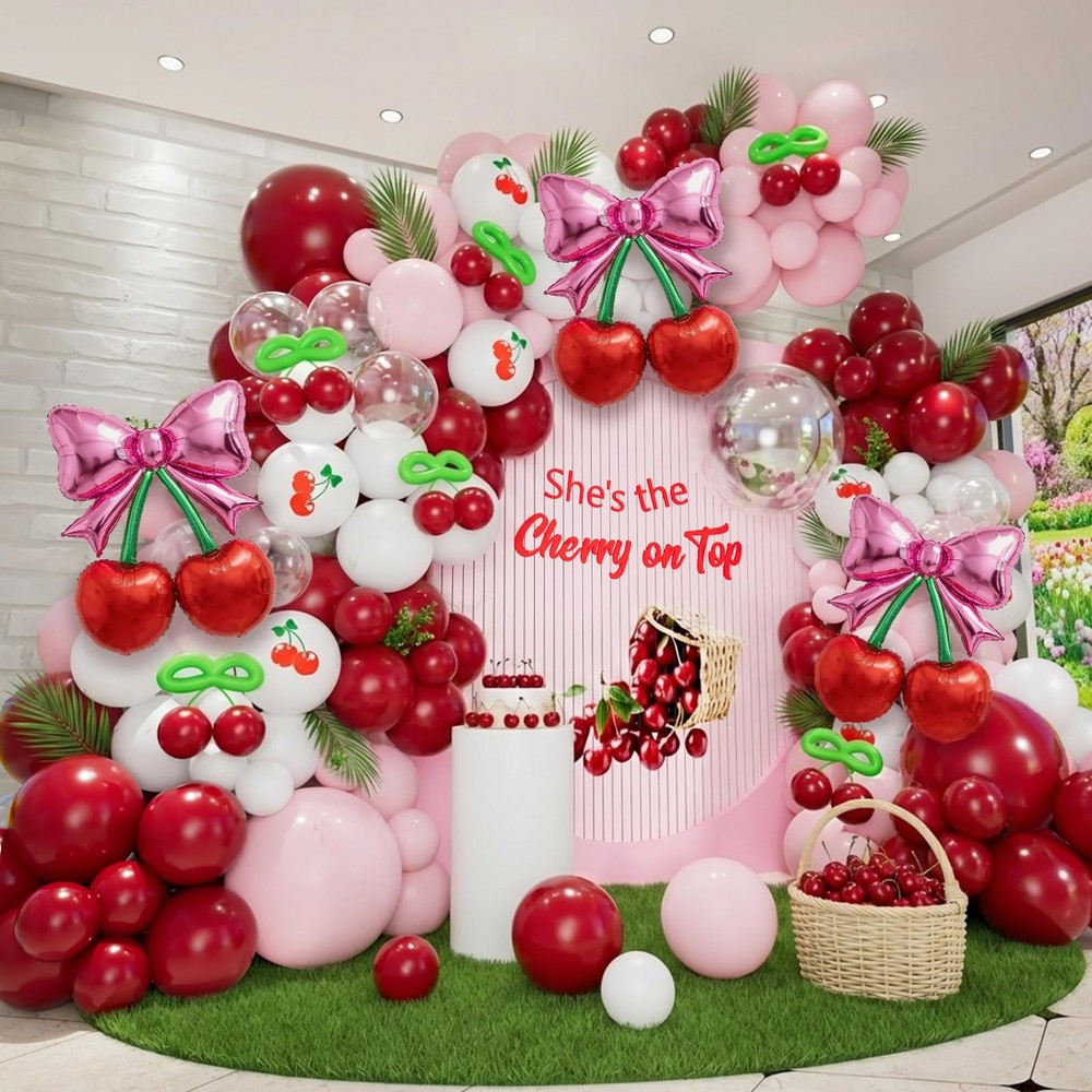 Cherry Balloon Arch Kit, Burgundy Pink White Transparent Pink Bow Red Cherry