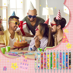 Happy Birthday Pens Bulk 48 Pieces Colorful Cake Balloon Party Supplies for