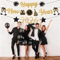 Gold Black New Years Decorations 2026 Glitter Banner New Years Eve Party