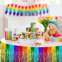 2 Pack 29.5×108 Inch Rainbow Foil Fringe Tinsel Table Skirts Disposable Table
