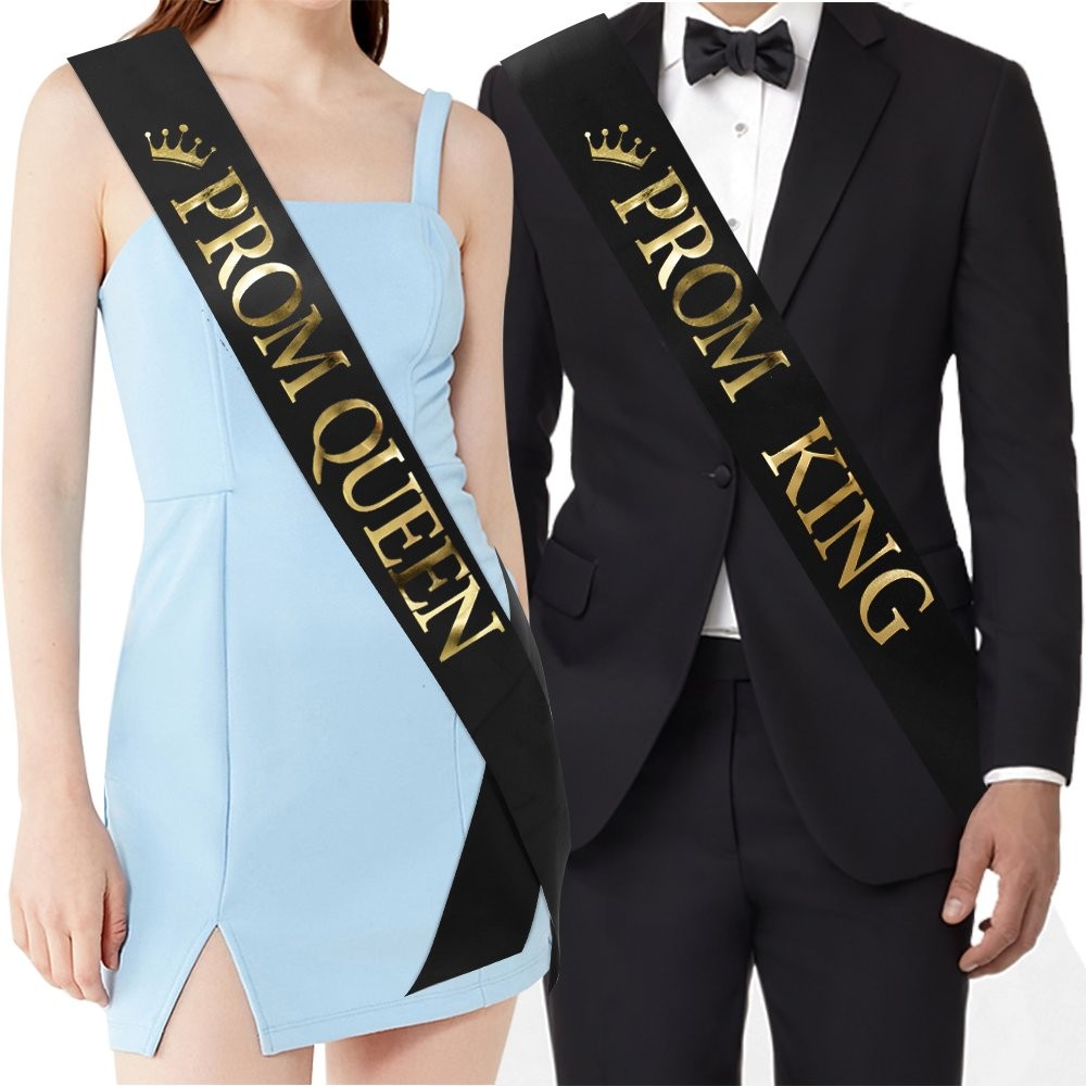 Black Prom King And Prom Queen Satin Sashes Gold Print Graduation Party