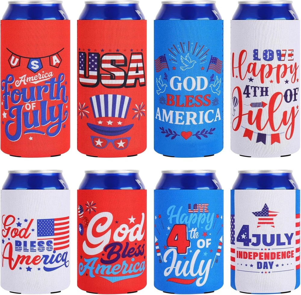 8 PCS Patriotic Can Cooler Sleeves Bulk Independence Day Decorations American Fl