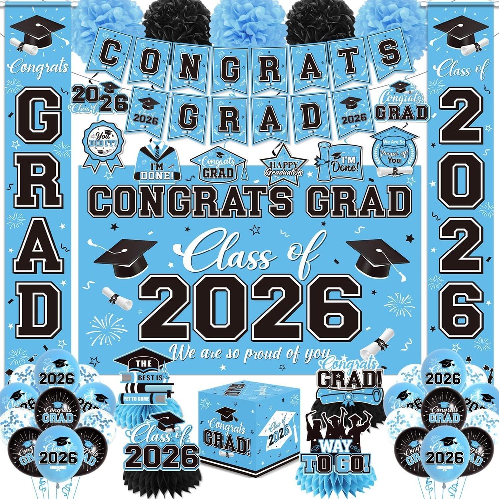 Graduation Decorations 2026 Light Blue Party Decor Set with Congrats Grad Banner