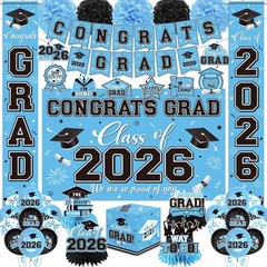 Graduation Decorations 2026 Light Blue Party Decor Set with Congrats Grad Banner