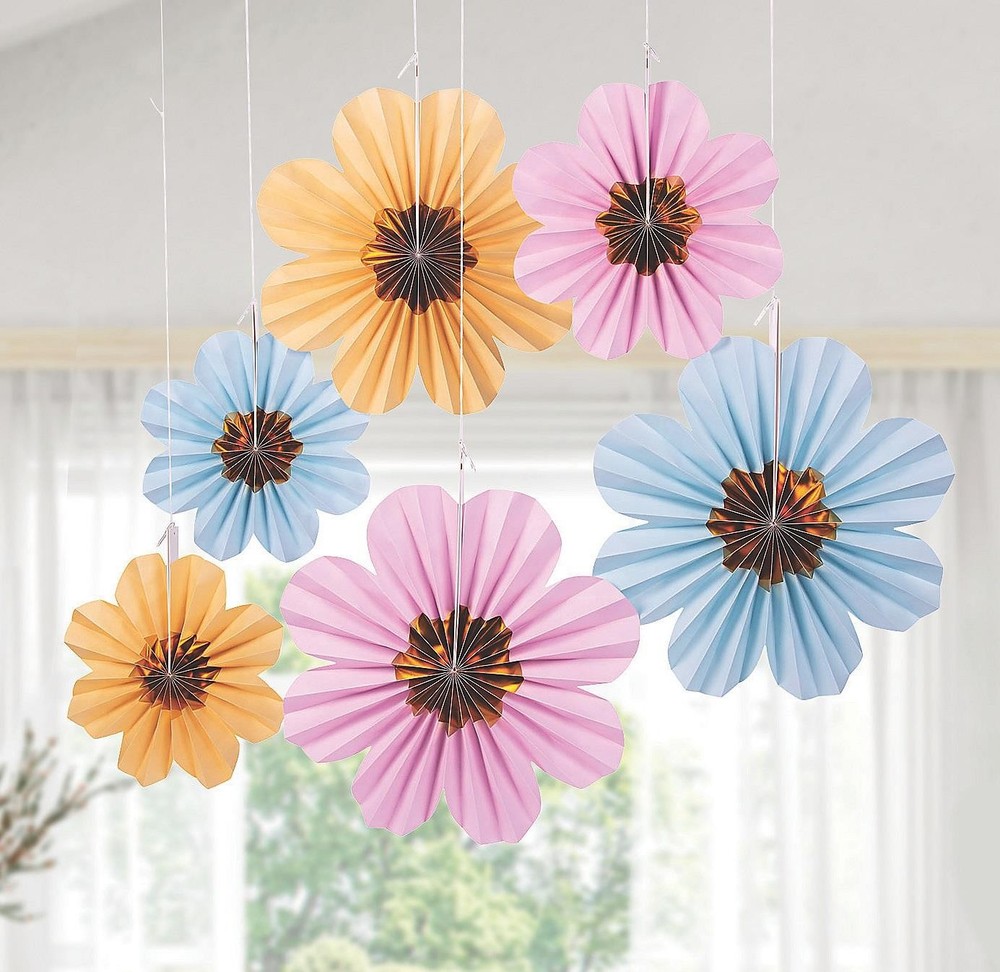 6-PC Pastel Flower Shaped Hanging Paper Fans Party Decor 10″ & 14″Dia #269