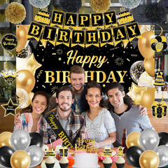 Black Gold Birthday Decorations Set | Happy Birthday Banner & Sash, Balloons Pom