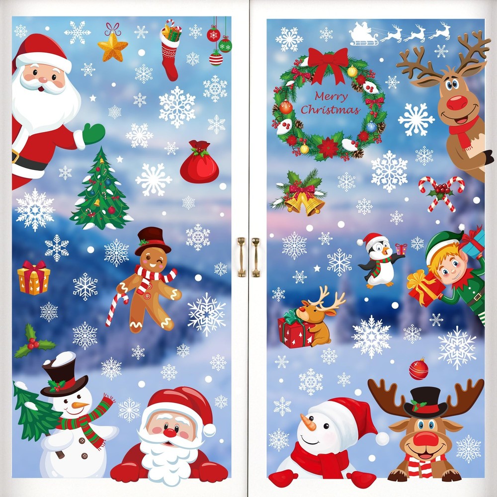 186PCS Christmas Decor, Window Clings, 9 Sheets Snowflake Colorful
