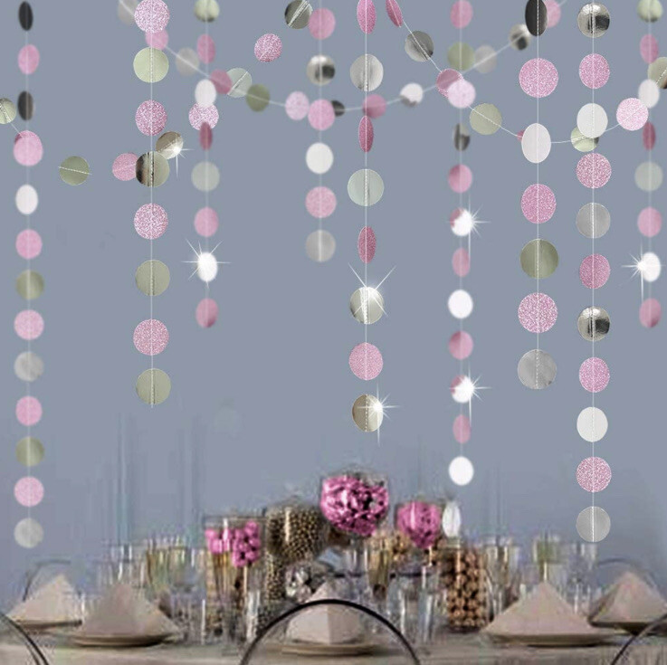 Glitter Silver Pink Circle Dot Garlands Party Decoratoins Polka Dots Streamer