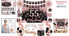 Black Rose Gold 55th Birthday Party Decorations 32PCS Cake Topper Balloons Sash