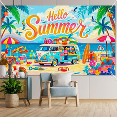 Hello Summer Banner 71X43 Inches Summer Party Decorations Backdrop Beach Party D