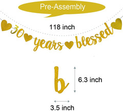 WEIANDBO 30 Years Blessed Gold Glitter Banner,Pre-Strung,30Th Birthday/Wedding A