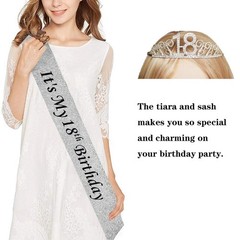18th Silver Birthday Tiara and Sash Glitter Satin 2 Piece Set,