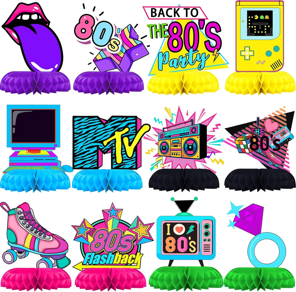 80S Party Decorations Honeycomb Centerpieces 12 Pcs, 1980S Retro Theme Table