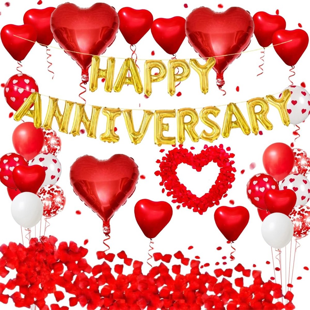 Happy Anniversary Decorations Kit – Gold Happy Anniversary Banner, Red Heart …