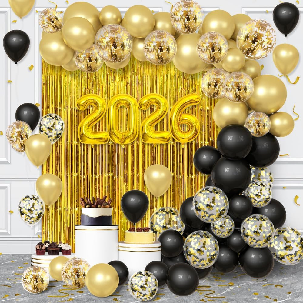89pcs 2026 Happy New Year Decorations Kit New Years Eve Party Supplies Black and
