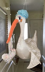 Vintage Large Plush Hanging Stork & Baby, 17 «, By Russ painted eyes,Satin