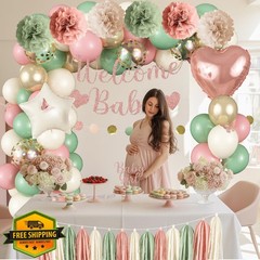 Baby in Bloom Shower Decor, Sage Green Pink Balloons, Banner, Topper