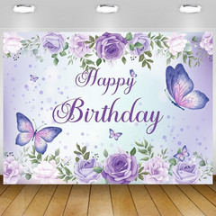 Purple Butterfly Birthday Banner Backdrop 5x3ft Party Decor for Women Girls