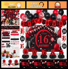 16th Birthday Decorations Red Black, Sweet 16 Party Supplies, Banner, Balloons,