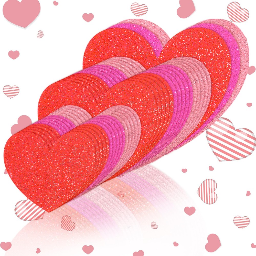 90 Pcs 3 Color Valentines Day Glitter Heart Paper Cutouts Window Clings Party