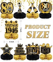 80th Birthday 9 Pack Honeycomb Centerpieces Black Gold Table Decorations 1946