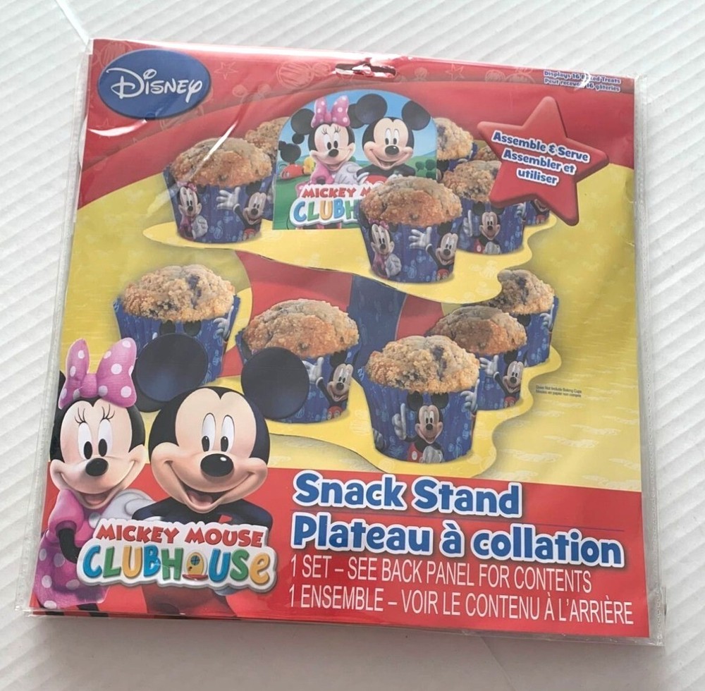 New Disney Mickey Mouse Snack Cupcake Stand Cardboard 9.875×9.875×9 in Red Blue
