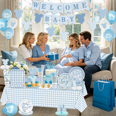 Blue Baby Shower Decorations Boy Blue Gingham Welcome Baby and Body Cloth Banner