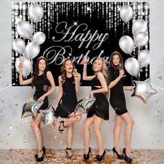 Silver Black Happy Birthday Backdrop Banner Photography Background Party Decor
