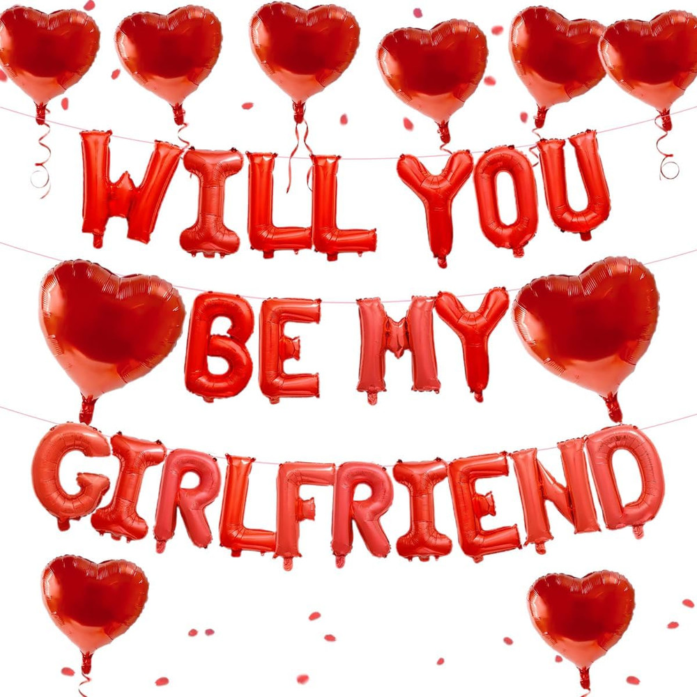 2 Set 16 Inch Will You Be My Girlfriend Balloons Banner, Red Proposal Letter Bal