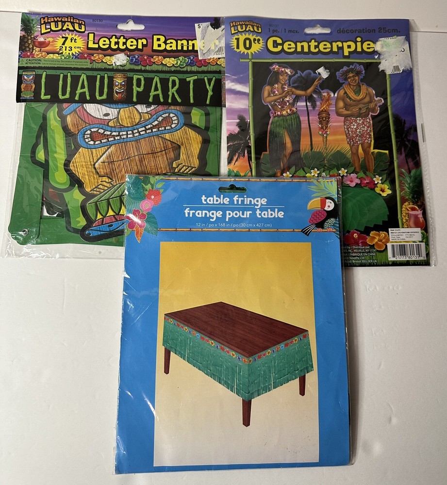 Tiki Party Decorations Center Piece, Letter Banner, Table Fringe /Some VTG/ Lot