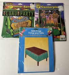 Tiki Party Decorations Center Piece, Letter Banner, Table Fringe /Some VTG/ Lot