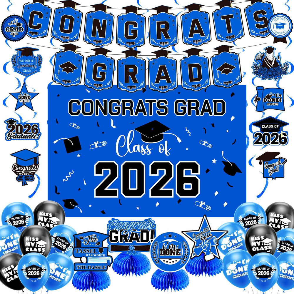Graduation Decorations 2026 Blue Set – Grad Decor with Congrats Grad Banner,Clas