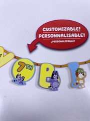 Bluey Customizable Banner. Added in 11 spiral hanging deco pieces