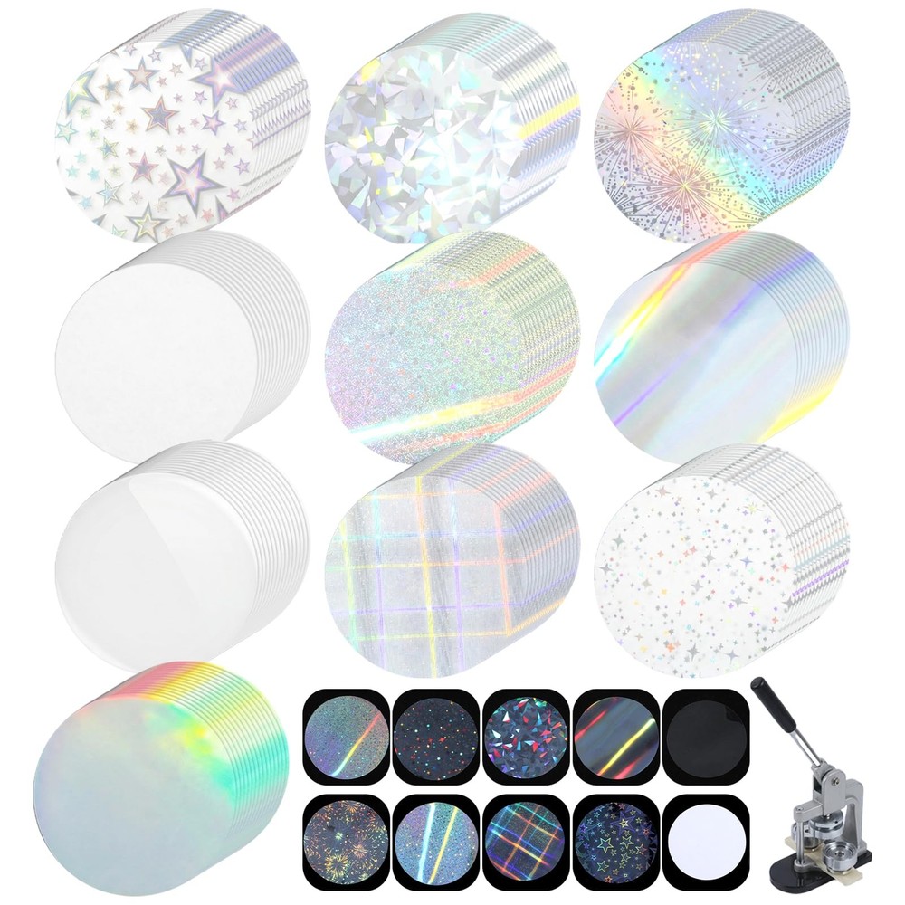 Badge Protective Film 300 Pcs, 8 Holographic Styles Glittering Film, 58mm But…