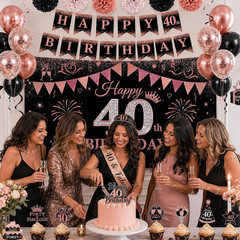 40Th Birthday Decorations for Women, 34PCS Black Rose Gold Birthday Banner Party
