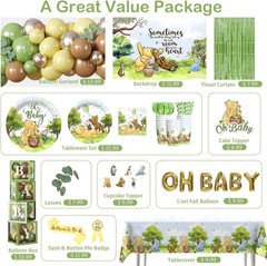 280pcs Classic Winnie Baby Shower Decorations Complete Party Set, for 25 Guests,