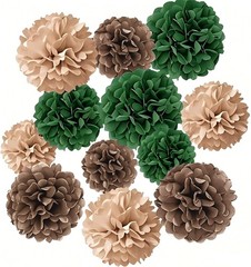 12 PCS Green Brown Tissue Paper Pompoms Flower Ball Birthday Party Decor