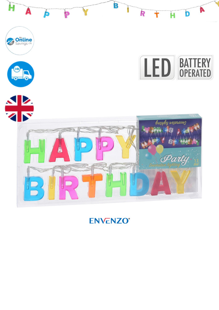 Happy Birthday LED Lights Colourful Multi-Coloured LED Battery Birthday Decor