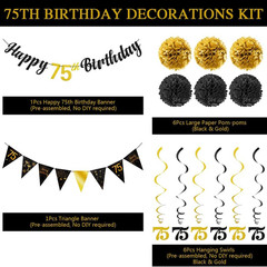 75Th Birthday Decorations Kit for Men Women, Black Gold Happy 75Th Birthday Bann
