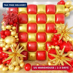 36pcs Red and Gold Square Foil Balloons Wall Backdrop with 147pcs Balloon Garlan